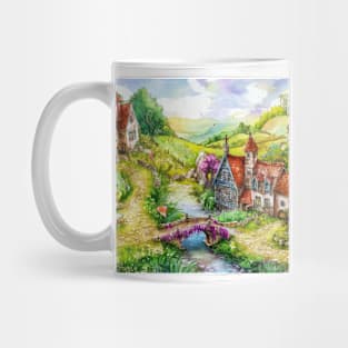 An Pencil and Watercolour Illustration of A Small Street Village Mug